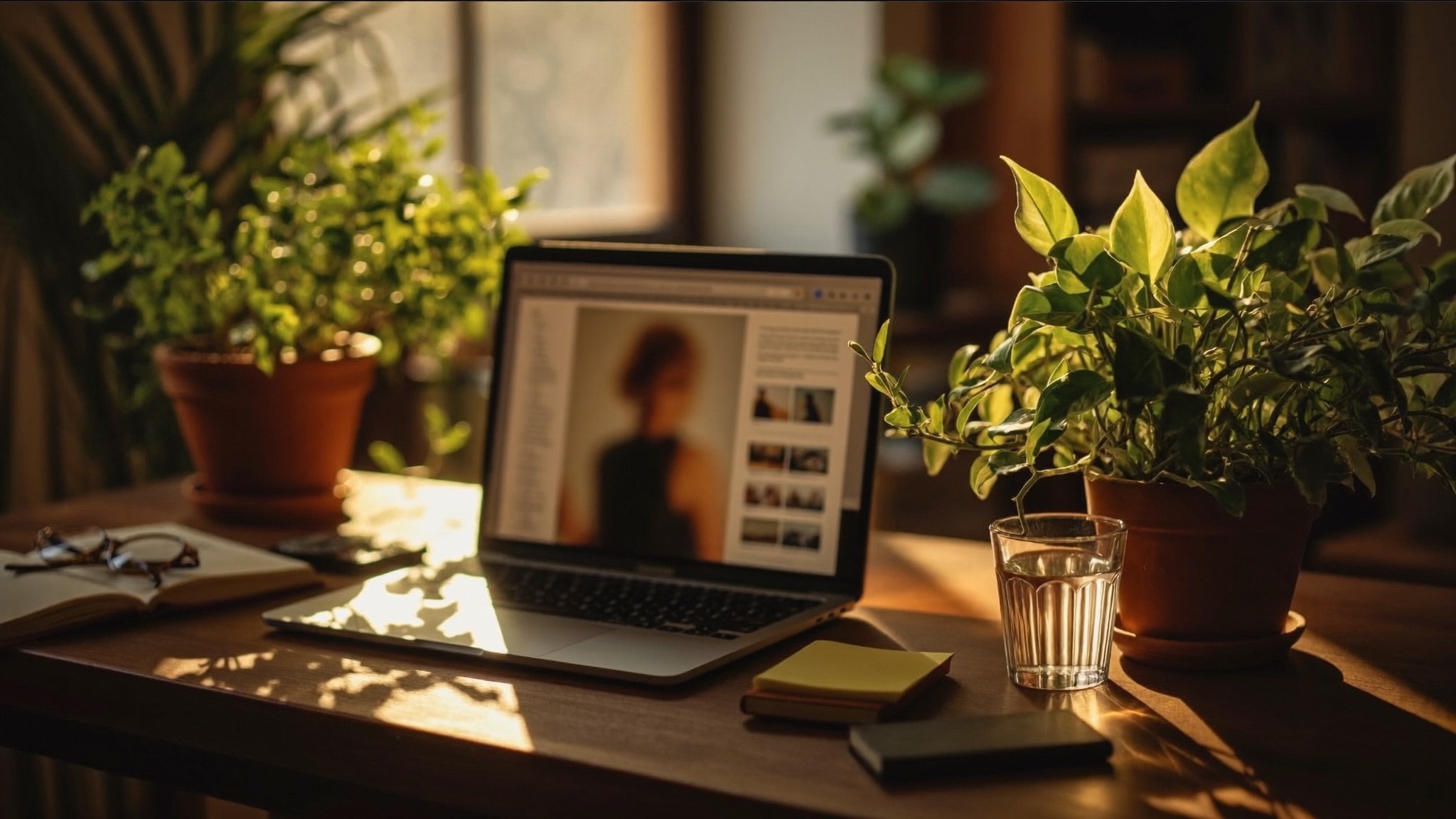 A warmly lit desk with an open laptop, plants, and morning light
